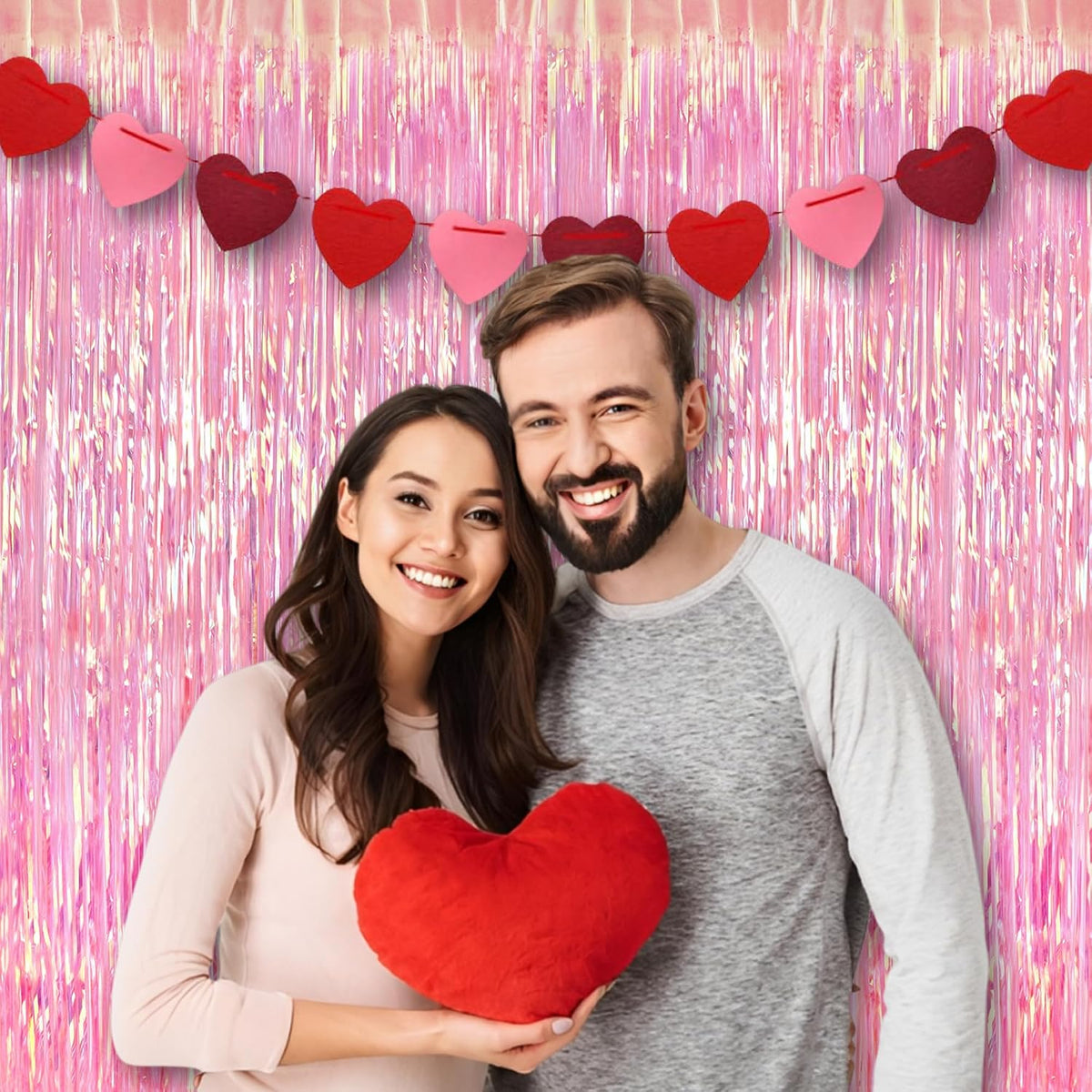 BRAVESHINE Clear Pink Streamers Party Curtain | Iridescent Fringe Backdrop | 2PCS 3.2x6.5ft Holographic Tinsel Curtain Photo Backdrop for Girls/Birthday/Bridal Shower/Bachelorette/Engagement Decorations
