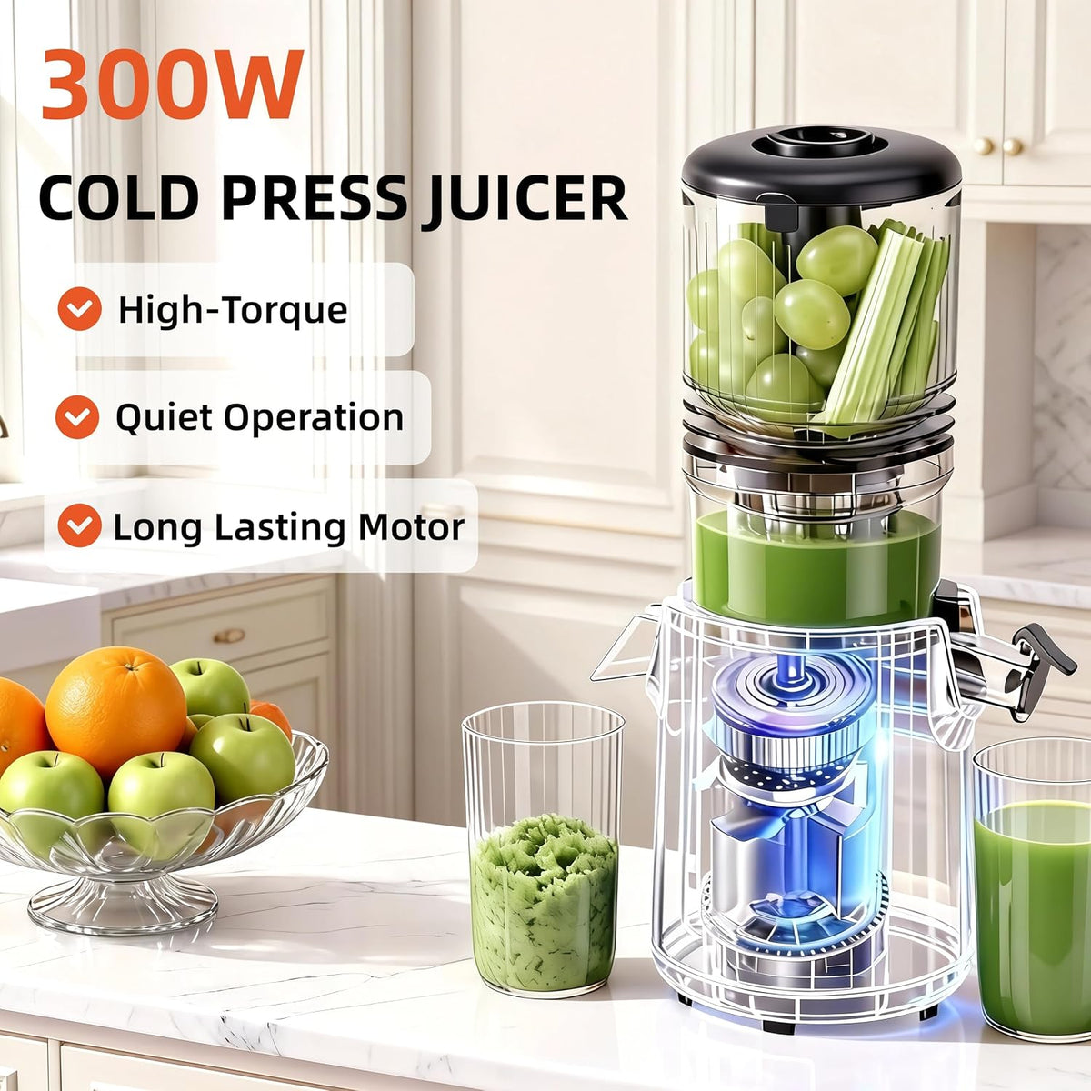 Cold Press Juicer Machines, 5.3” Large Feed Chute Slow Masticating Juicer for Whole Fruits & Vegetables, 300W Quiet Juice Extractor, Easy to Clean, Anti-Clog, No Drip, 99% High Juice Yield