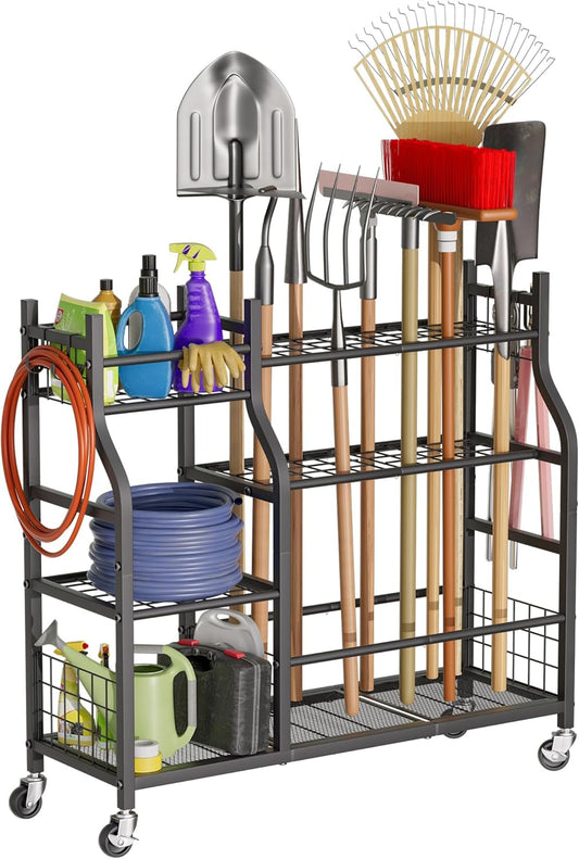 Garden Tool Organizer with Wheels for Garage and Shed, Spacious Tool Storage, Multi-Tier Design with Side Hooks for Rakes,