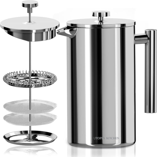 Utopia Kitchen Stainless Steel French Press Coffee Maker 50 Oz, French Press Tea Maker, Cold Brew Portable Travel Coffee Presses, Tea Press Gifts Silver