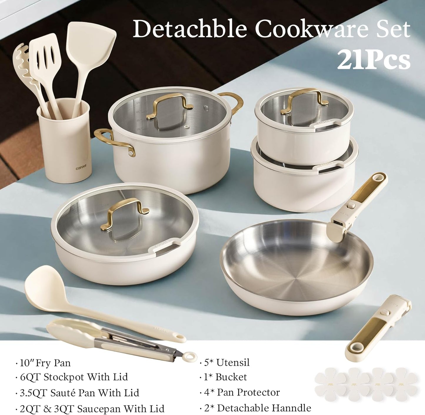 CAROTE 21pcs Tri-Ply Stainless Steel Cookware Set with Detachable Handle | Pots and Pans Set, Even Heating, Non-Toxic, I