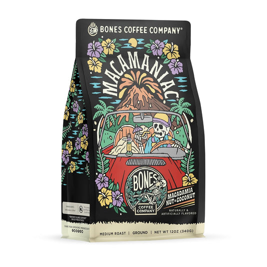 Bones Coffee Company Macamaniac, Macadamia and Coconut Flavored Coffee, Medium Roast Low Acid Arabica Beans Compatible with