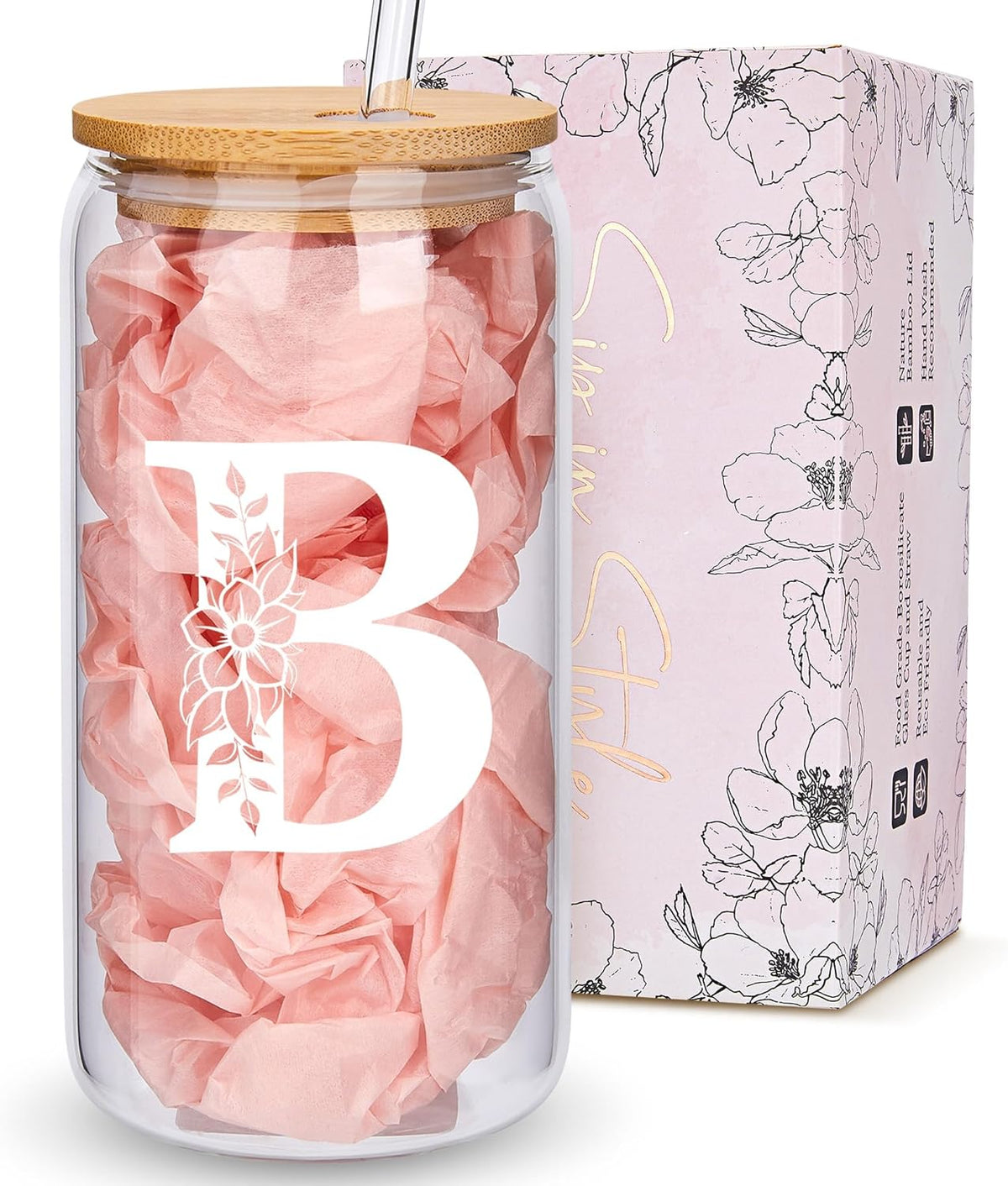 Personalized Gifts for Women, Monogrammed Glass Cups with Lids and Straws, Custom Tumbler, Cute Customized Mug, Aesthetic Stuff, Initial Iced Coffee Cup, Drinking Glasses, Birthday Teacher Gifts, B