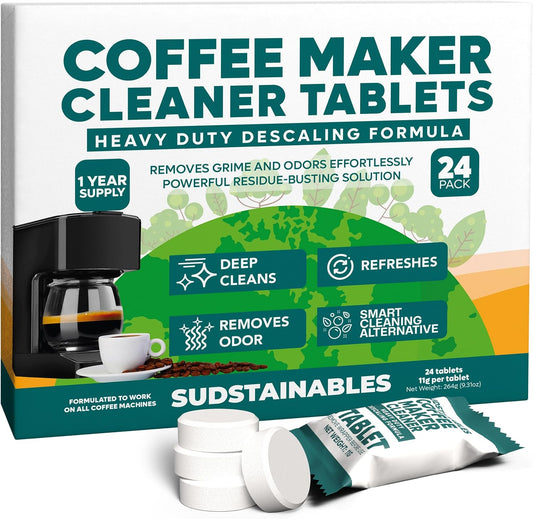 Sudstainables Coffee Maker Cleaner Tablets, Descaler, 24 Count | Removes limescale, coffee oils and stains. Compatible with Keurig, Nespresso, Breville and espresso machines.