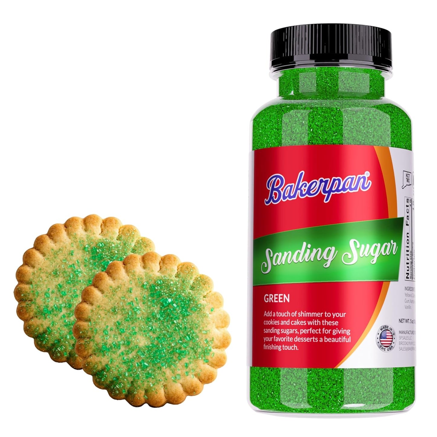Bakerpan Green Sanding Sugar for Baking & Cookie Decorating - 5 Ounce Edible Green Sugar Sprinkles f