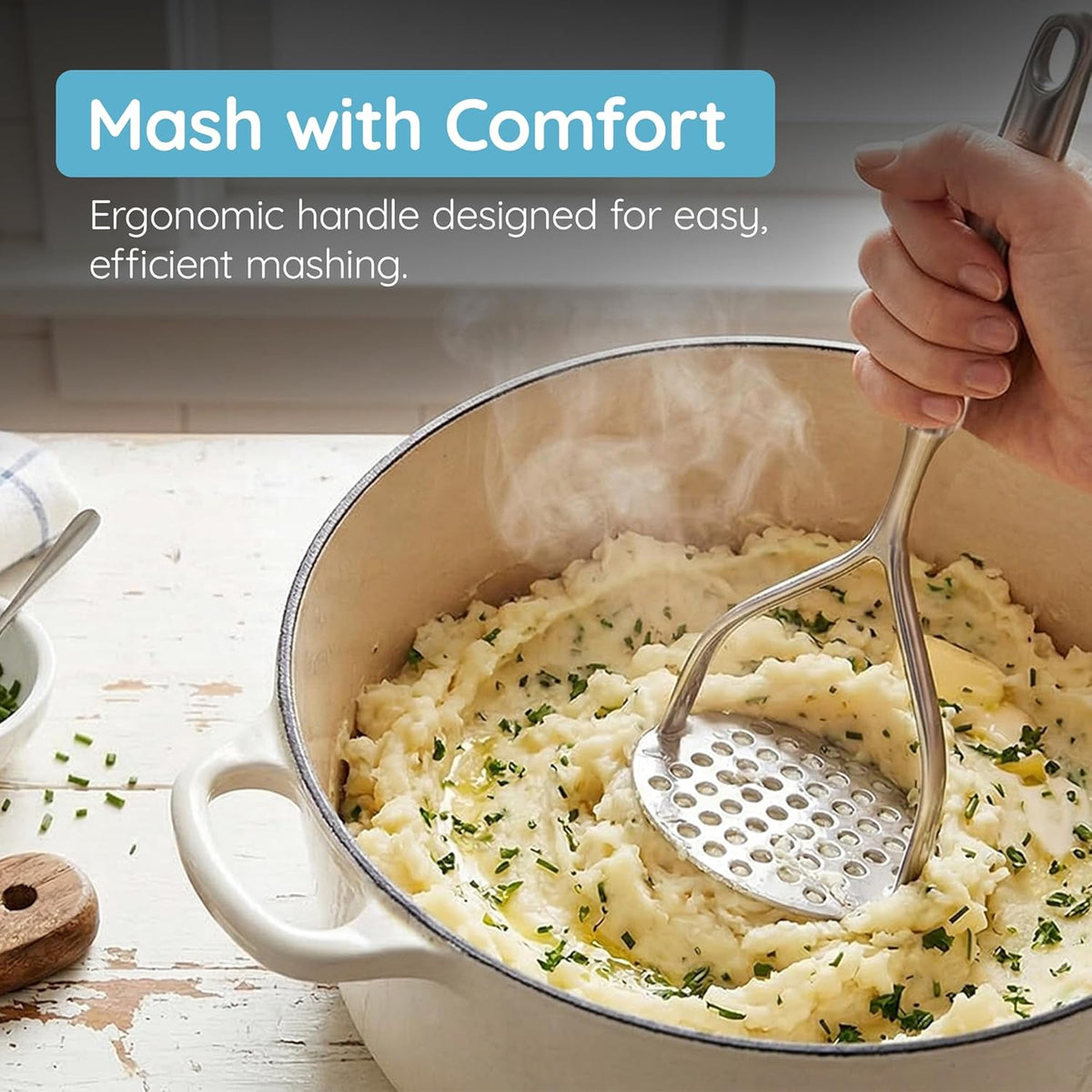 Potato Masher Stainless Steel, Best Mashed Potatoes Masher Kitchen Tool, Potato Smasher For Potatoe, Avocado, Sweet Potato, Beans, Large Heavy Duty Metal Mashing Utensil, 12.5 Inch