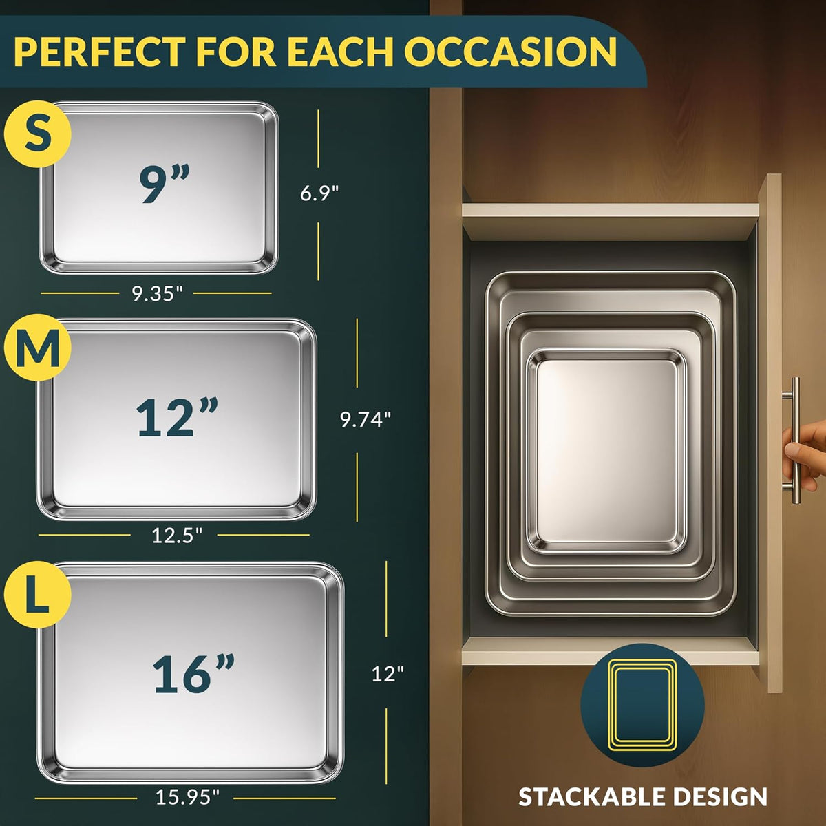 Stainless Steel Cookie Sheet Set of 3, 9/12/16" Baking Sheet Pans | Baking Set of 3, Mirror Finish, Non-Stick, Rust Resistant, BPA Free, Dishwasher Safe, 9/12/16"