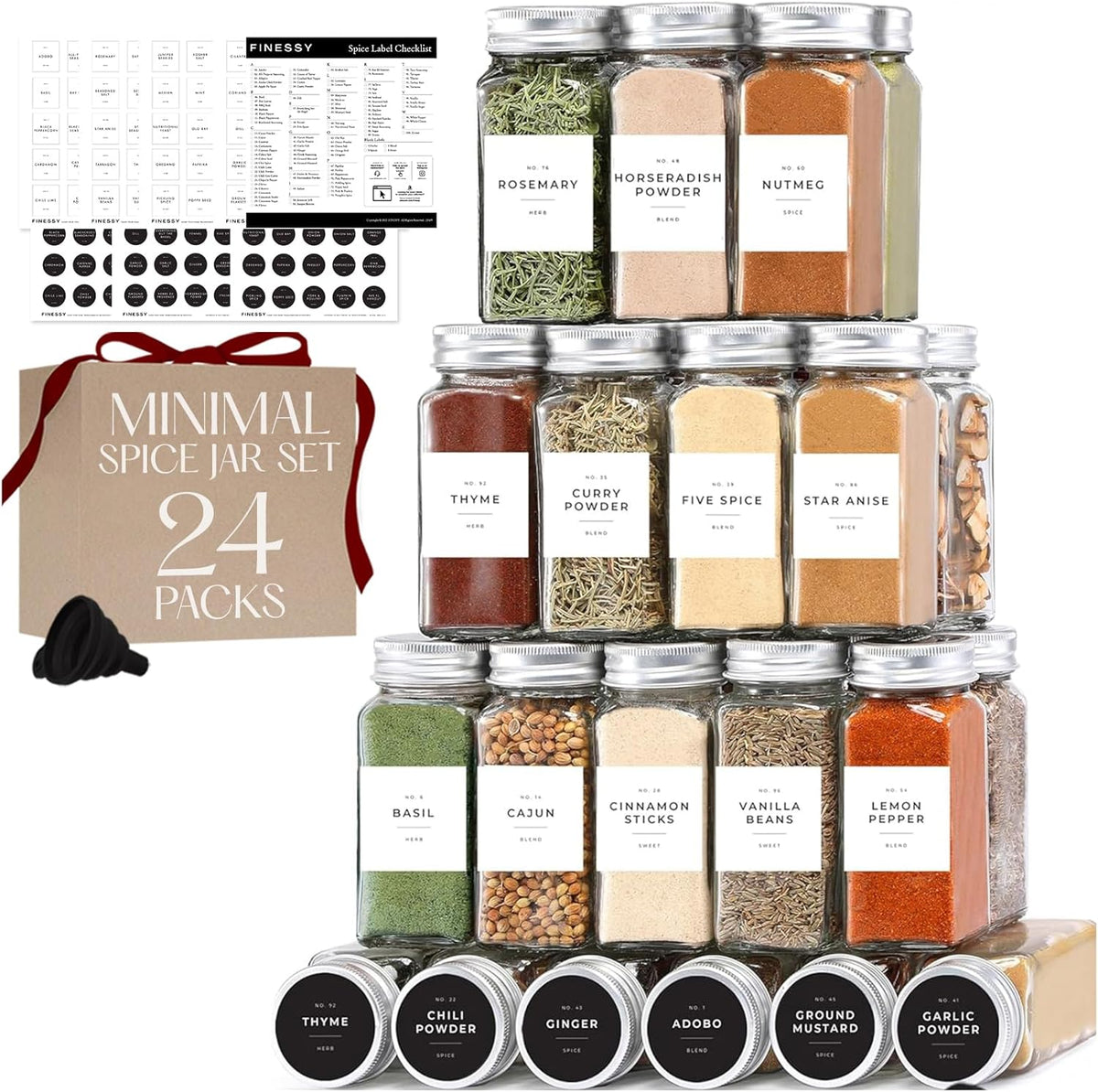 Glass Spice Jars with Labels with Metal Lids and Shakers Minimalist 24 Pack Set, 4oz Small Clear Empty Spice Bottles Seasoning Containers with Label Organizer Square Herb Seasoning Jars for Kitchen