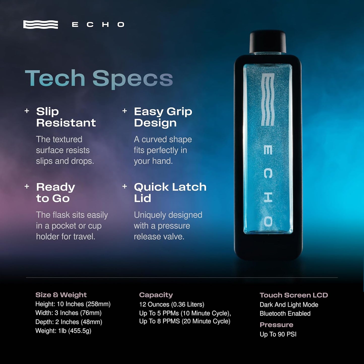 Echo Flask Hydrogen Water Bottle, Black, 12 oz