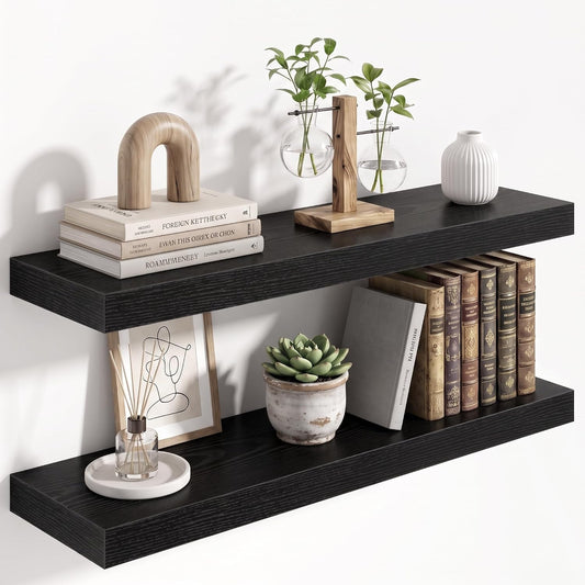 24" Floating Shelves for Wall, Wooden Wall Mounted Shelf, Set of 2, Black