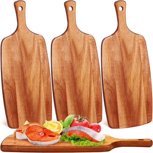 Kathfly 3 Pcs Acacia Wood Cutting Board with Handle Wooden Laser Kitchen Serving Charcuterie Board for Vegetables Meat Pizza