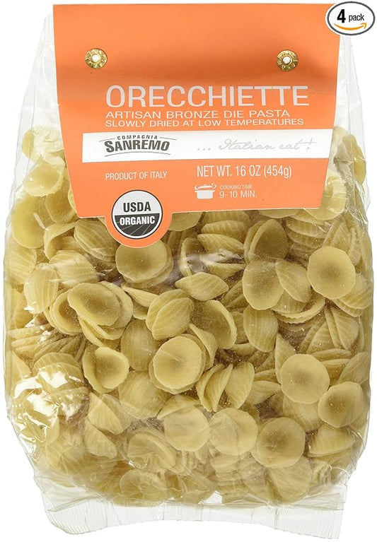 Compagnia Sanremo Pasta Italian Organic Orecchiette Pasta - 100% Durum Wheat Semolina Orecchiette - 16 Oz (Pack Of 4) -