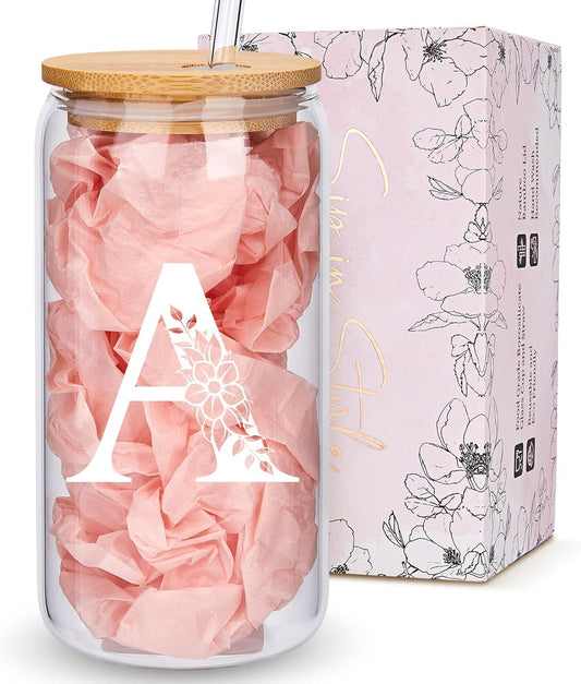 Personalized Gifts for Women, Monogrammed Glass Cups with Lids and Straws, Custom Tumbler, Cute Customized Mug, Aesthetic