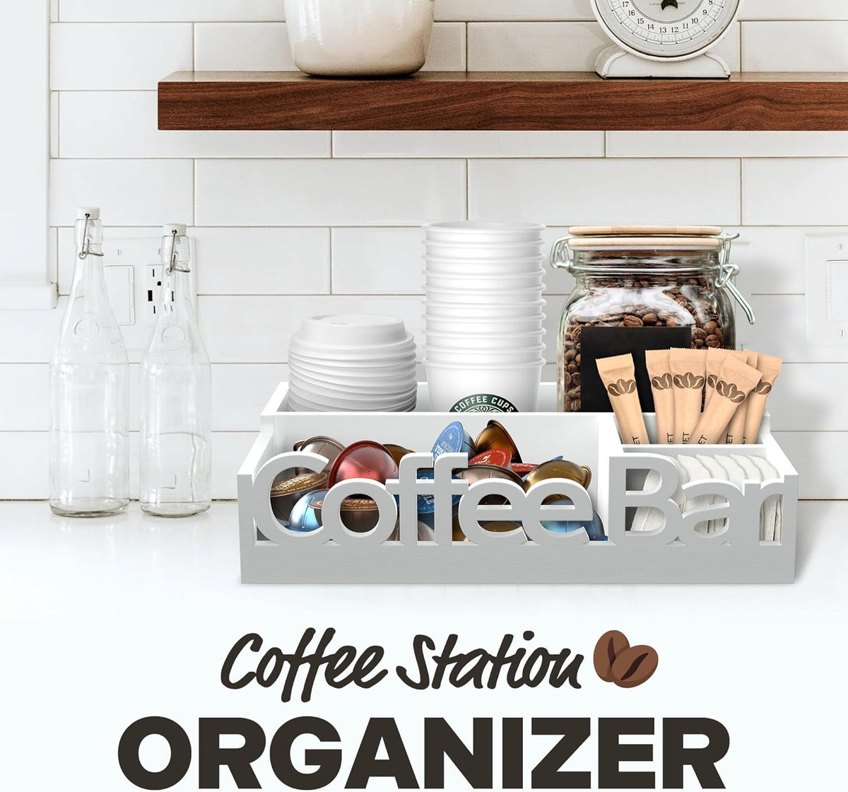 Coffee Bar Organizer for Countertop – Wooden Coffee Station Caddy with Compartments for Pods, Condiments, Tea, and Accessories – Home and Office Mini Coffee Station Organizer (White)