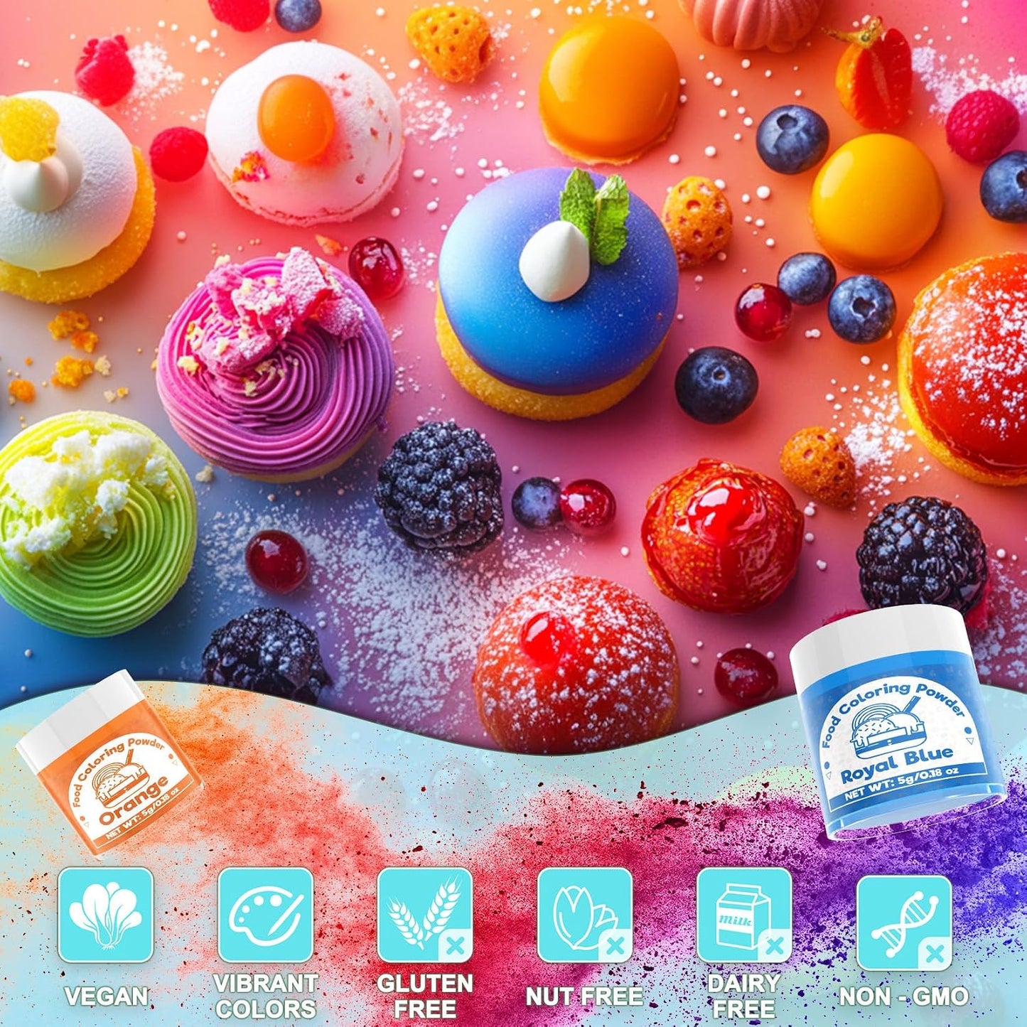 Food Coloring Powder for Baking - 15 Bright Colors Powdered Food Coloring | Flavorless High Concentrated Upgraded Food Dye for Icing, Baking, Cake Decorating, Cooking, Frosting - 5g/each