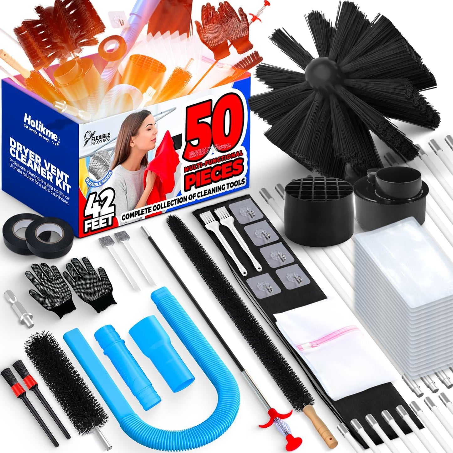 Holikme 42FT Dryer Vent Cleaner Kit 50Pcs - Lint Remover Brush Vacuum Tools