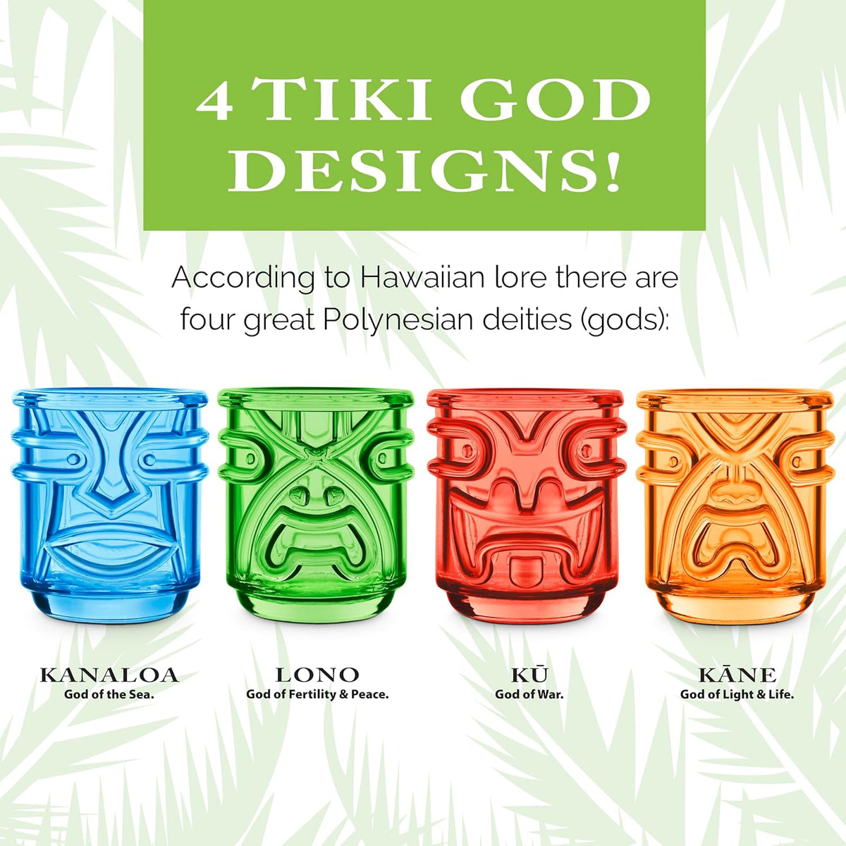 Final Touch Tiki Glasses Set of 4 - Kanaloa, Lono, Kū, Kāne Designs, 12 oz (355 ml), Multicolored, Stackable Totem Pole Storage, Durable Glassware for Tropical Cocktails (TK5302)