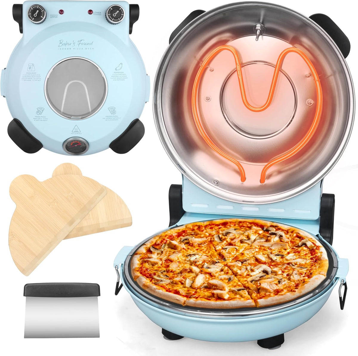 Baker’s Friend Electric Pizza Oven Indoor Countertop, 12 Inch Pizza Maker Machine for Home, Pizza Cooker & Pizza Grill, Premium Glazed Ceramic Stone Pizza Oven, Chilli Red