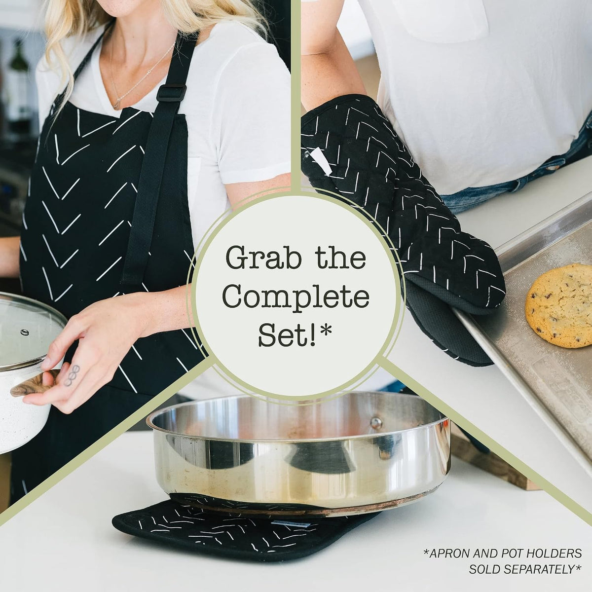 Heat Resistant Designer Kitchen Oven Mitts with Neoprene Non-Slip Grips and Hanging Loops | Set of 2 100% Cotton Long Sleeve Kitchen Oven Mitts | 5.5" x 12" | Black