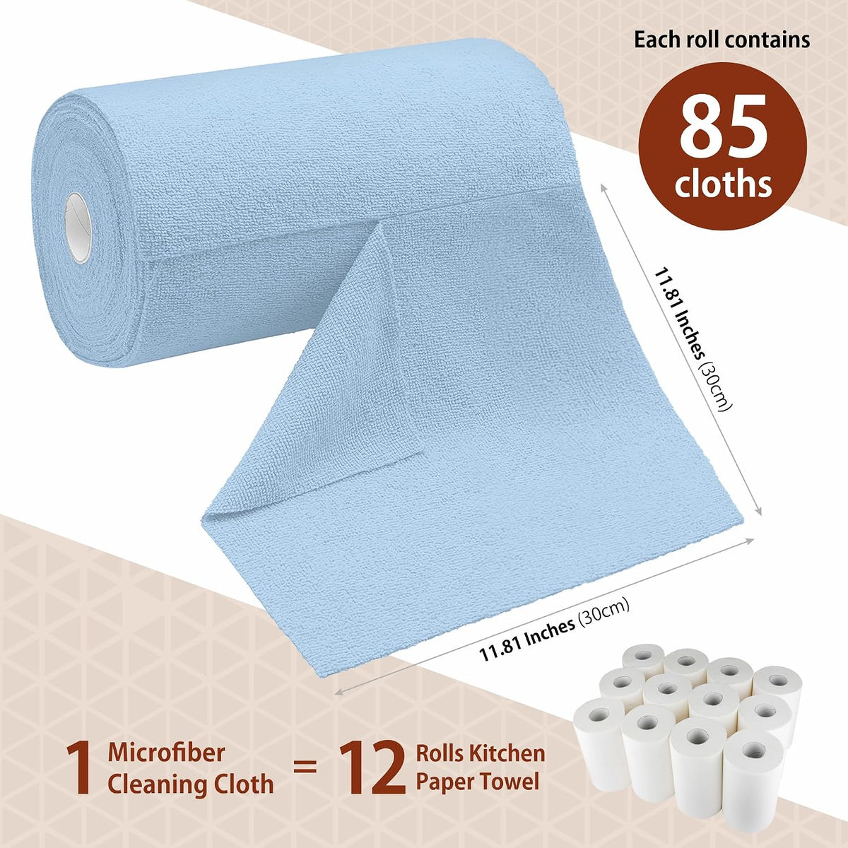 H4N Microfiber Cleaning Cloth Roll, 85 Pack Tear-Away Reusable Paper Towel Alternative, Ultra Absorbent, Lint-Free Towels for Kitchen, Car, Home &amp; All-Purpose Cleaning, 11.81" x 11.81", Blue