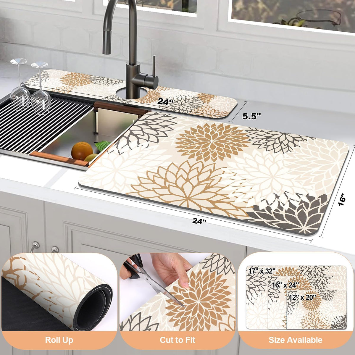 Findosom 2PCS 16" x 24" Dish Drying Mat & 24" x 5.5" Sink Splash Guard, Super Absorbent & Cuttable Dish Mat Drying Kitchen Mat with Brown Floral, Hide Stain Drying Mat for Kitchen Counter