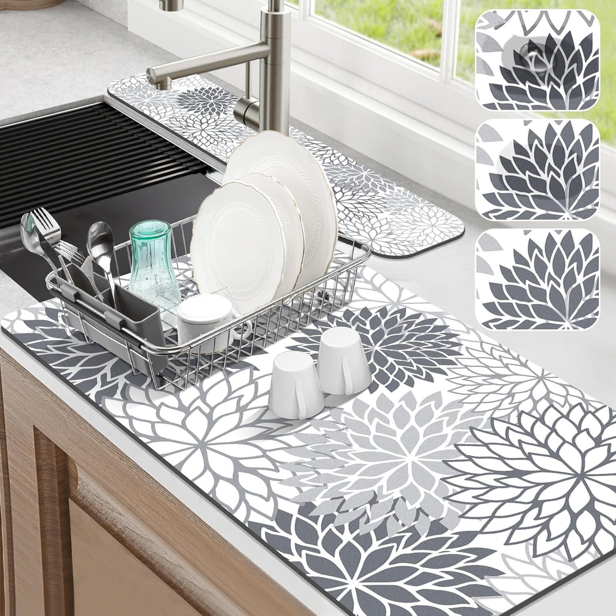 Findosom 2PCS 17" x 32" Dish Drying Mat & 24" x 5.5" Sink Splash Guard, Super Absorbent & Cuttable Dish Mat Drying Kitchen Mat with Gray Floral, Hide Stain Drying Mat for Kitchen Counter