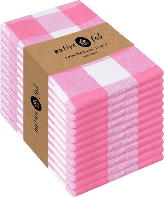 Native Fab Pink Checked Kitchen Towel 16"x26" - 12 Pack Buffalo Plaid Cotton Dish Towels - Absorbent Dishcloth Set, Soft