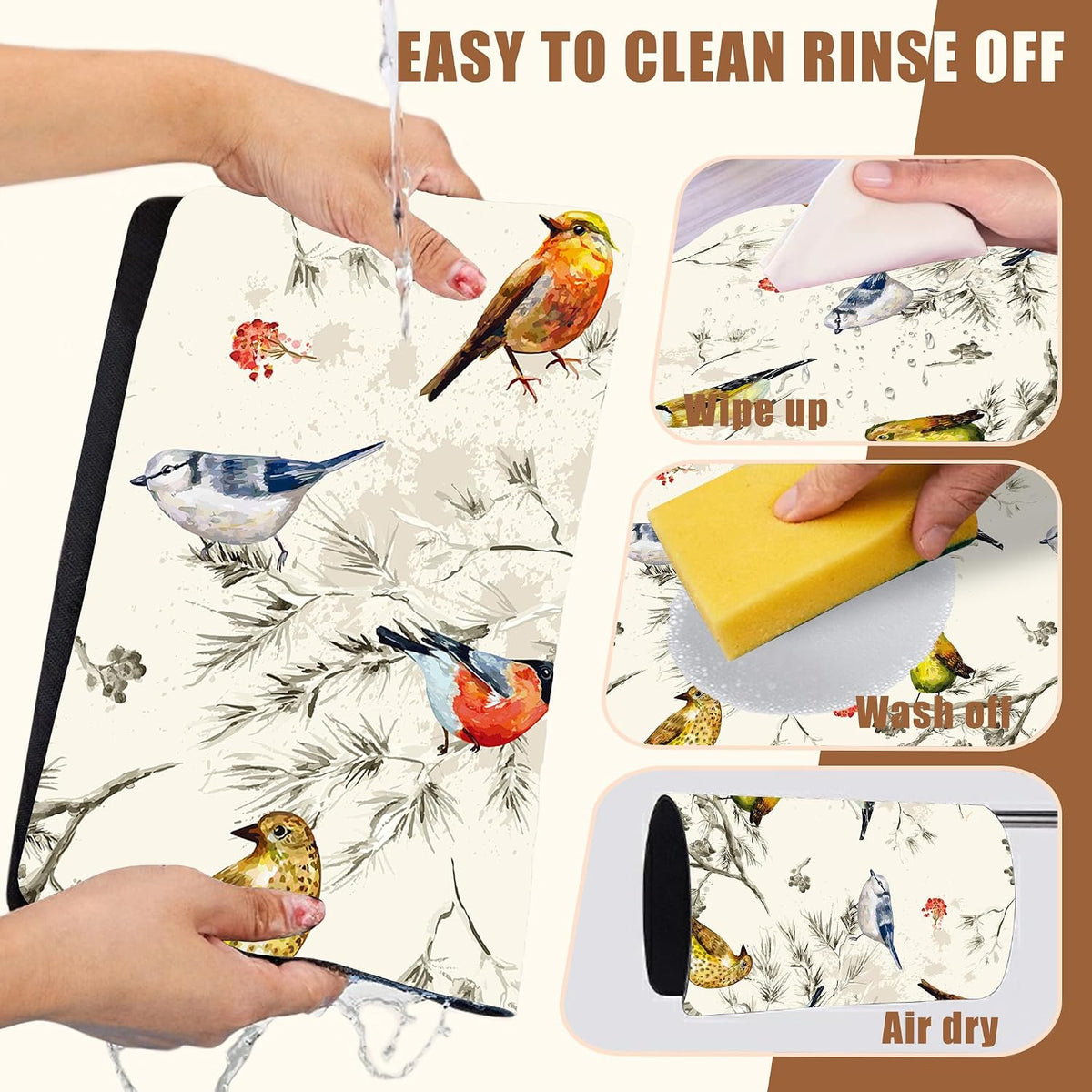 Cute Birds Coffee Mat Absorbent Dish Drying Mat for Kitchen Counter Hide Stain Rubber Backed Coffee Bar Accessories Fit Under Espresso Machine Cafe Table, 11.8 x 19.7 Inch