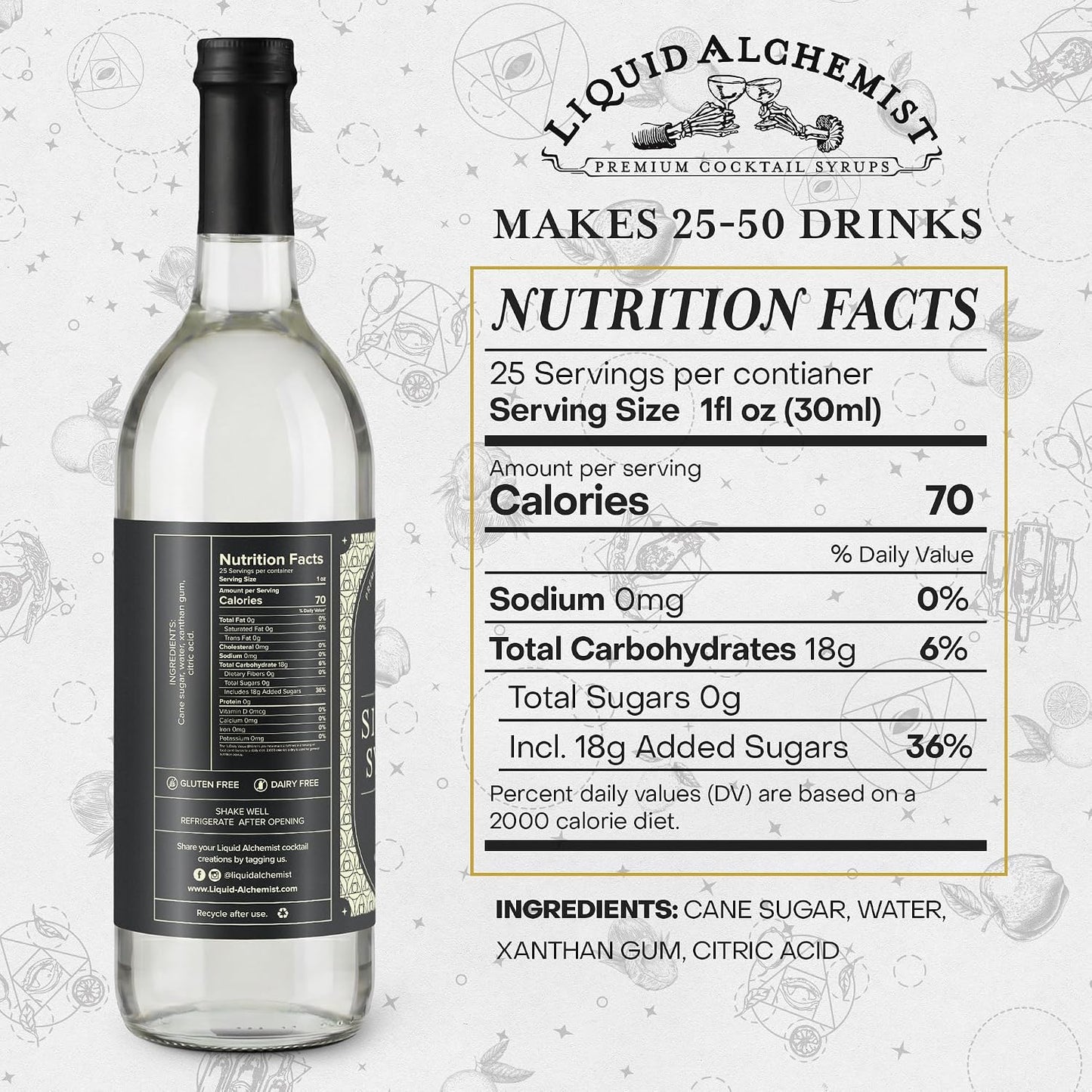 Liquid Alchemist Simple Syrup for Cocktails - Real Ingredients Make our Simple Sugar Syrup the Perfect Old Fashioned Mix - Our Drink Mix is Non-GMO Gluten Free &amp; Vegan (25.4 oz)