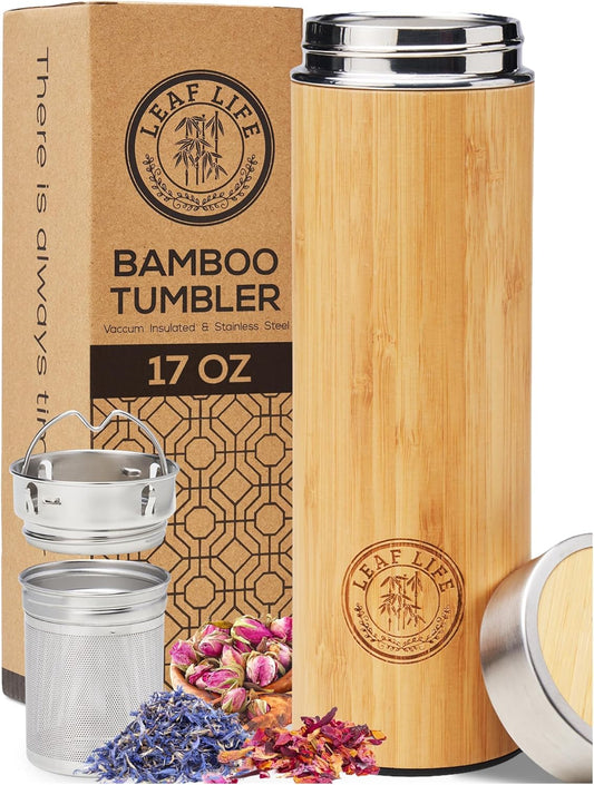 LeafLife Premium Bamboo Tea Bottle for Loose Tea - Tea Infuser Bottle - Tea Gifts - Insulated Water Bottle/Coffee