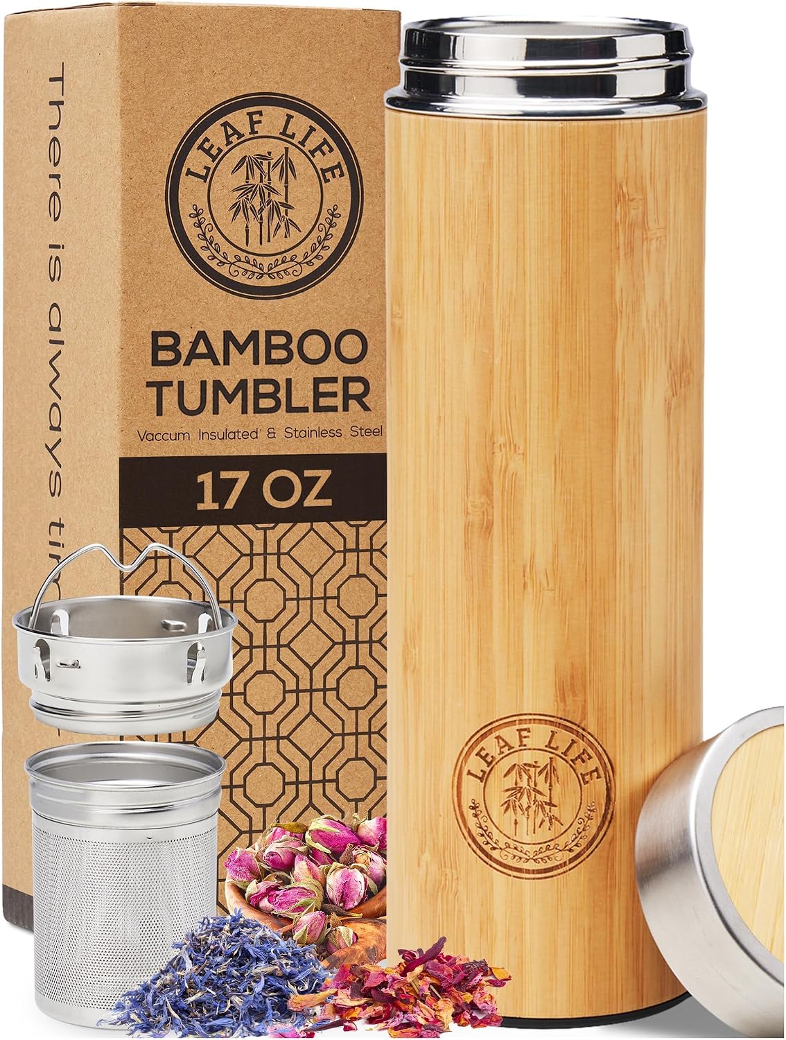 LeafLife Premium Bamboo Tea Tumbler with Infuser for Loose Leaf Tea | Insulated Coffee Bottle, Stainless Steel Gift Set, Leakproof Travel Mug, 17oz