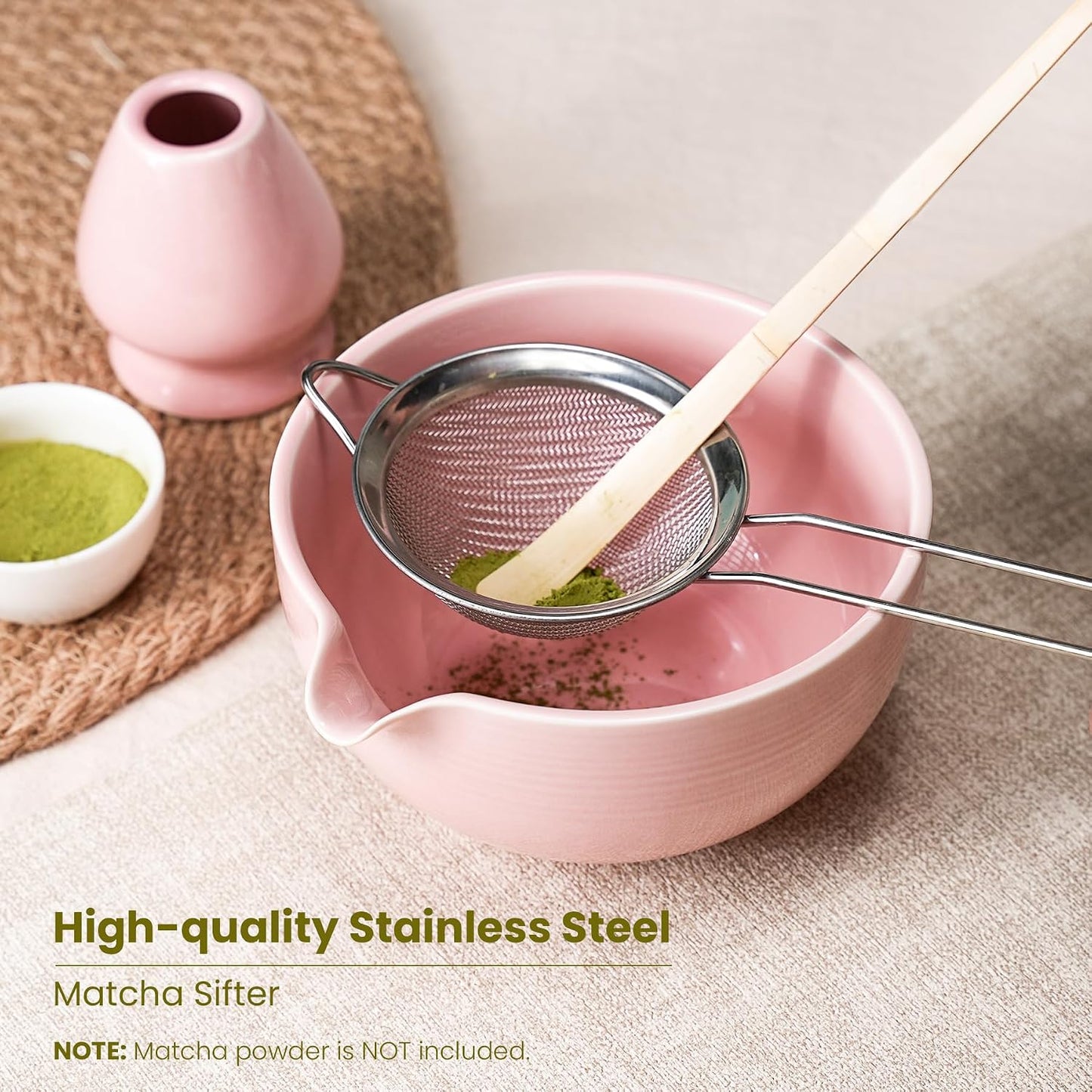 7Pcs Matcha Whisk Set, Matcha Set Whisk and Bowl | Bamboo Scoop, Scoop Rest, Sifter and Tea Towel, Matcha Kit W/Carved Cherry Blossm Pattern for Matcha Lovers (Pink)