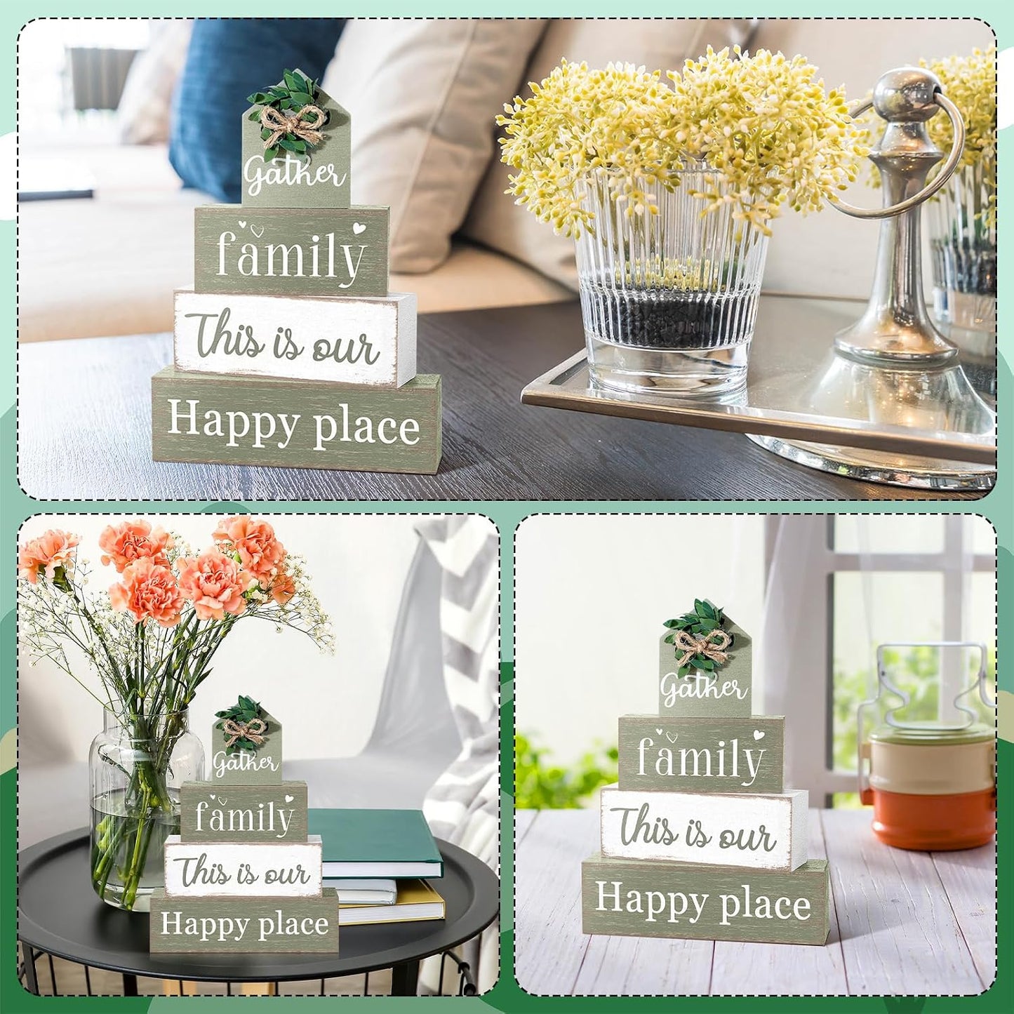 Cinnvoice 4 Pcs Farmhouse Table Decoration Rustic Sign Block,Gather Family | Sage Green Eucalyptus Wood Sign, Home Tabletop Centerpiece, Farmhouse Decor for Home Kitchen Office Shelf Mantel Decor