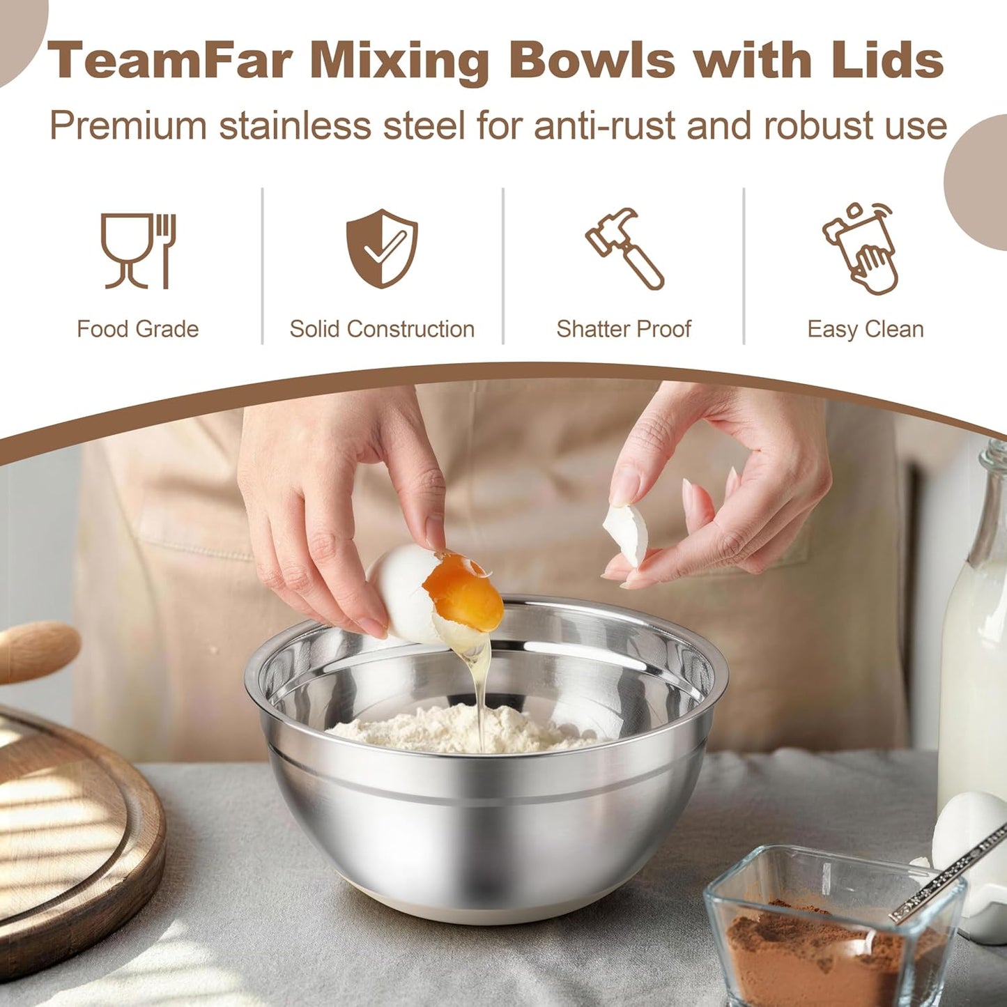 TeamFar Mixing Bowls, Stainless Steel Salad Bowls with Lids - Khaki | Nesting Bowls with Non-slip Bottom, for Kitchen Baking Preparing Serving, Stackable &amp; 6PCS - 4.6 /2.6 /2 / 1.5 /1 / 0.7 Qt