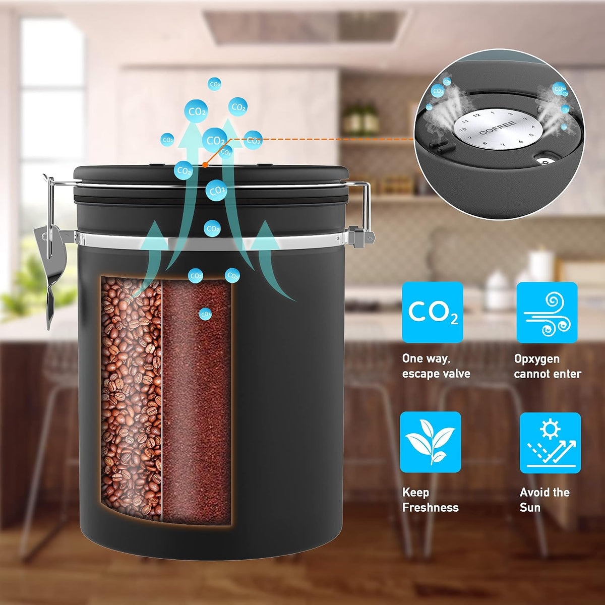 Coffee canister set for ground coffee with Date Tracker,Co2 Valve,Travel jar,Stainless Steel Kitchen Food Airtight storage container for Coffee Beans or Grounds,Tea,Sugar (16oz-Black)