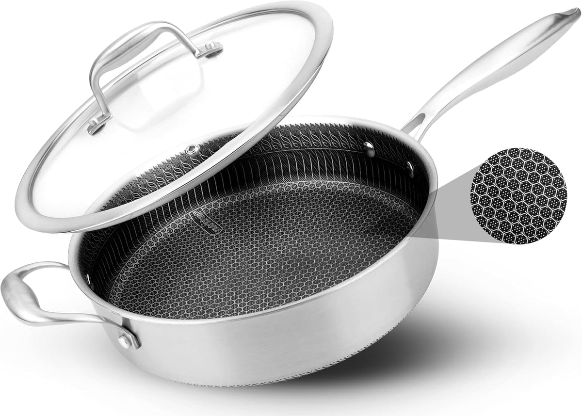 NutriChef 3.4QT Deep Frying Pan with Lid - Stainless Steel Non-Stick Saute Pan, Scratch-Resistant Honeycomb Texture, Oven & Induction Safe Skillet
