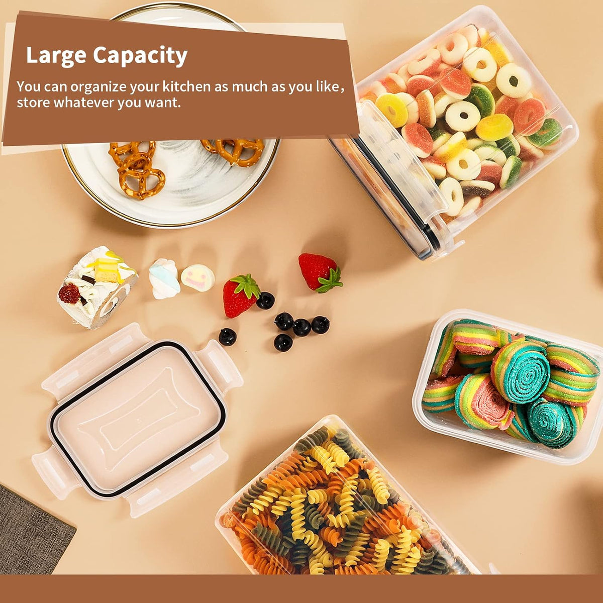 PRAKI Airtight Food Storage Containers Set, 16 Pcs BPA Free Plastic Dry Food Canisters for Kitchen Pantry Organization and Storage Ideal for Cereal, Flour & Sugar - Labels, Marker(Black)