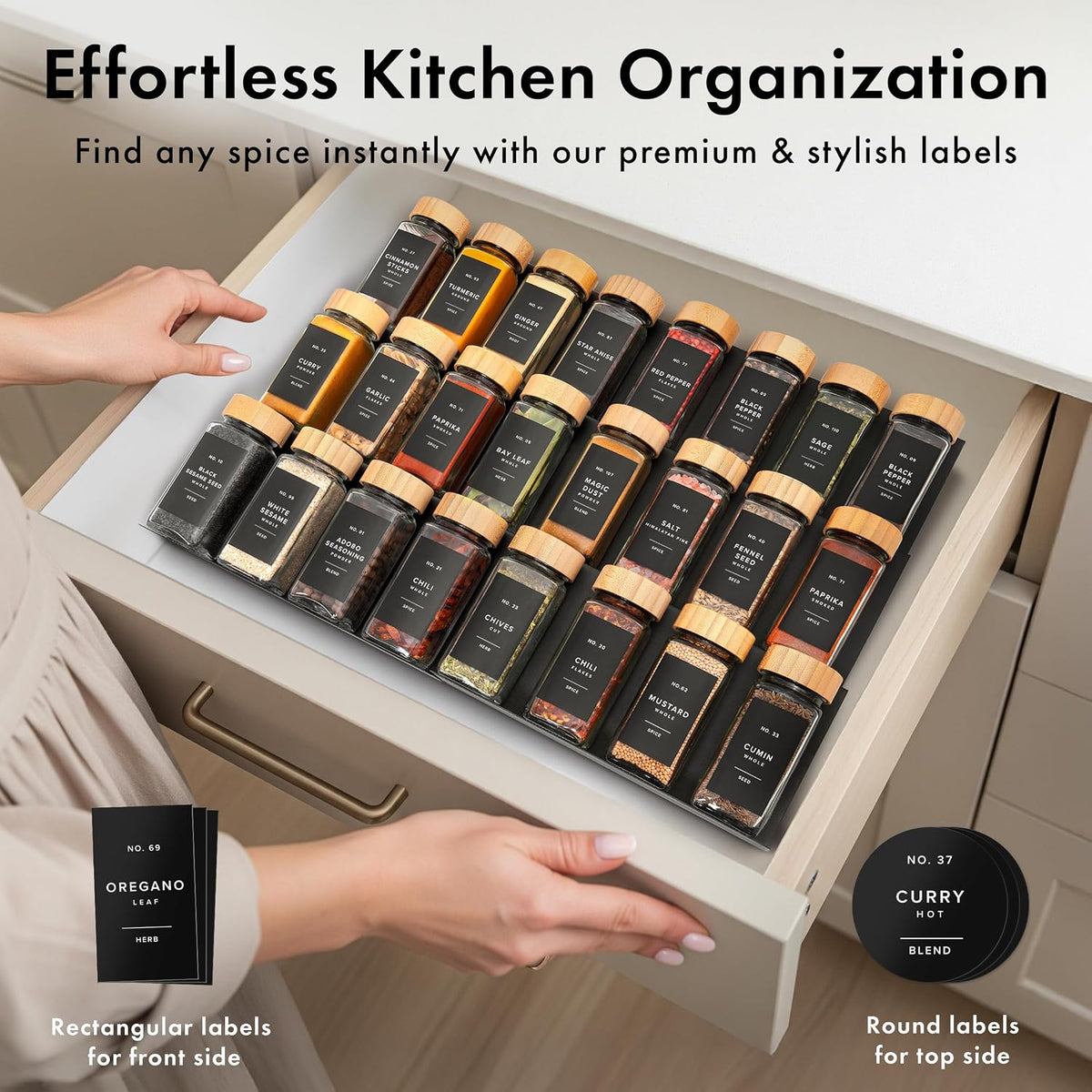 EDELHAUS Glass Spice Jars with Label, 24x Bamboo Wooden Lids - Black Labels | Airtight Lids keep spices fresh, Kitchen Spice Drawer Organizer, 4oz Seasoning Containers incl. Funnel, Brush &amp; 240 Labels