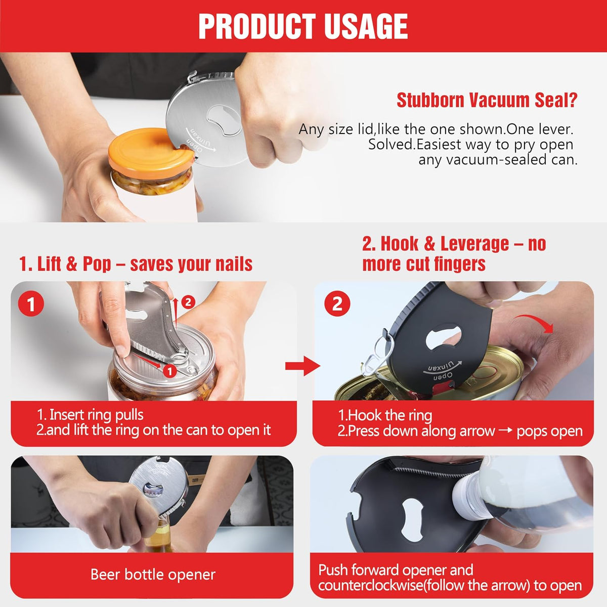Uinxan 5 in 1 Bottle Opener for Small Jar Lid, Beer, Can Tab, Vacuum Seals | Effortlessly Opens Screw Caps(0.6"-2.7"), Stainless Steel Multi Portable Tool,Ideal for Seniors &amp; Weak Hands (Silver)