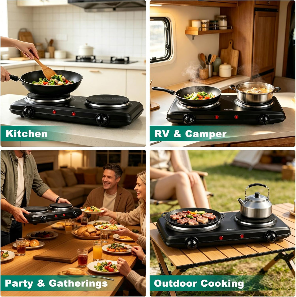 CUKOR Electric Hot Plate, Double Cast Iron 2 Burner, 1800W Countertop Burner, Dual Electric Stove Burners, Portabel Electric Cooktop, Portabel Double Burner for Cooking