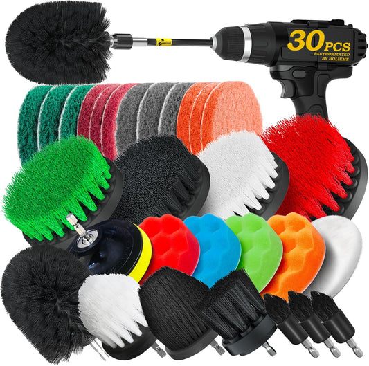 Holikme 30 Piece Drill Brush Set, Scrub Pads Scrubber Brush with Extend Long Handle Clean for Grout, Tiles, Bathtub,
