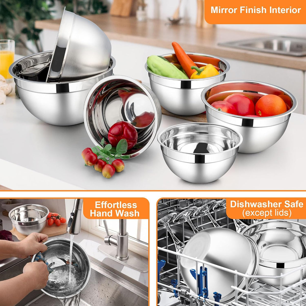 LIANYU Mixing Bowls with Lids Set, Large 7 &amp; 3.5 &amp; 2.5 &amp; 2 &amp; 1.5 &amp; 1QT | 6 Piece Stainless Steel Serving Bowls, Kitchen Metal Nesting Bowl for Cooking, Food Storage, Dishwasher Safe, Multi-Color