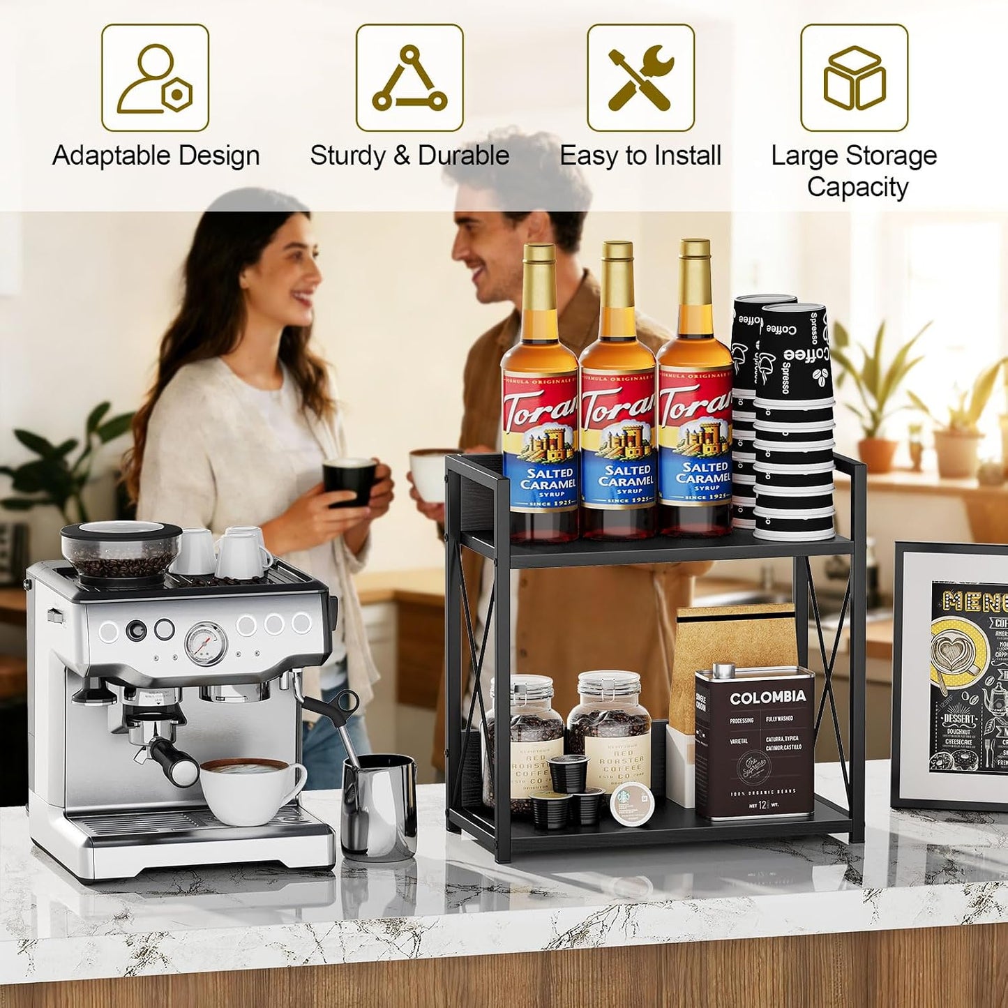 Giikin Kitchen Countertop Organizer, 2 Tier Coffee Bar Organizer, Black Spice Rack for Counter, Kitchen Counter Shelves, Particleboard,15.8" L x 7.9" W x 15.8" H (Black, L)