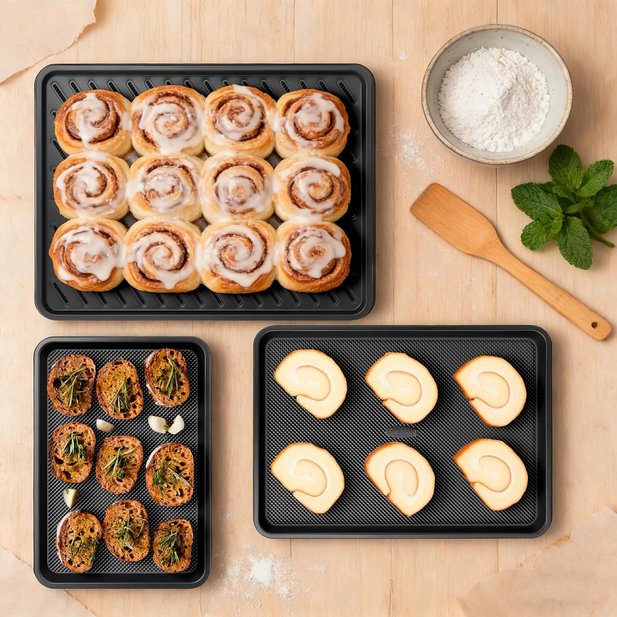 Nonstick Baking Sheet Set with Cooling Rack, 4-Piece Cookie Sheets for Baking, 0.8mm Heavy Duty Carbon Steel Oven Pans, Ceramic Coated Half Sheet, Jelly Roll Pan &amp; Quarter Sheet, PFOA/PTFE Free