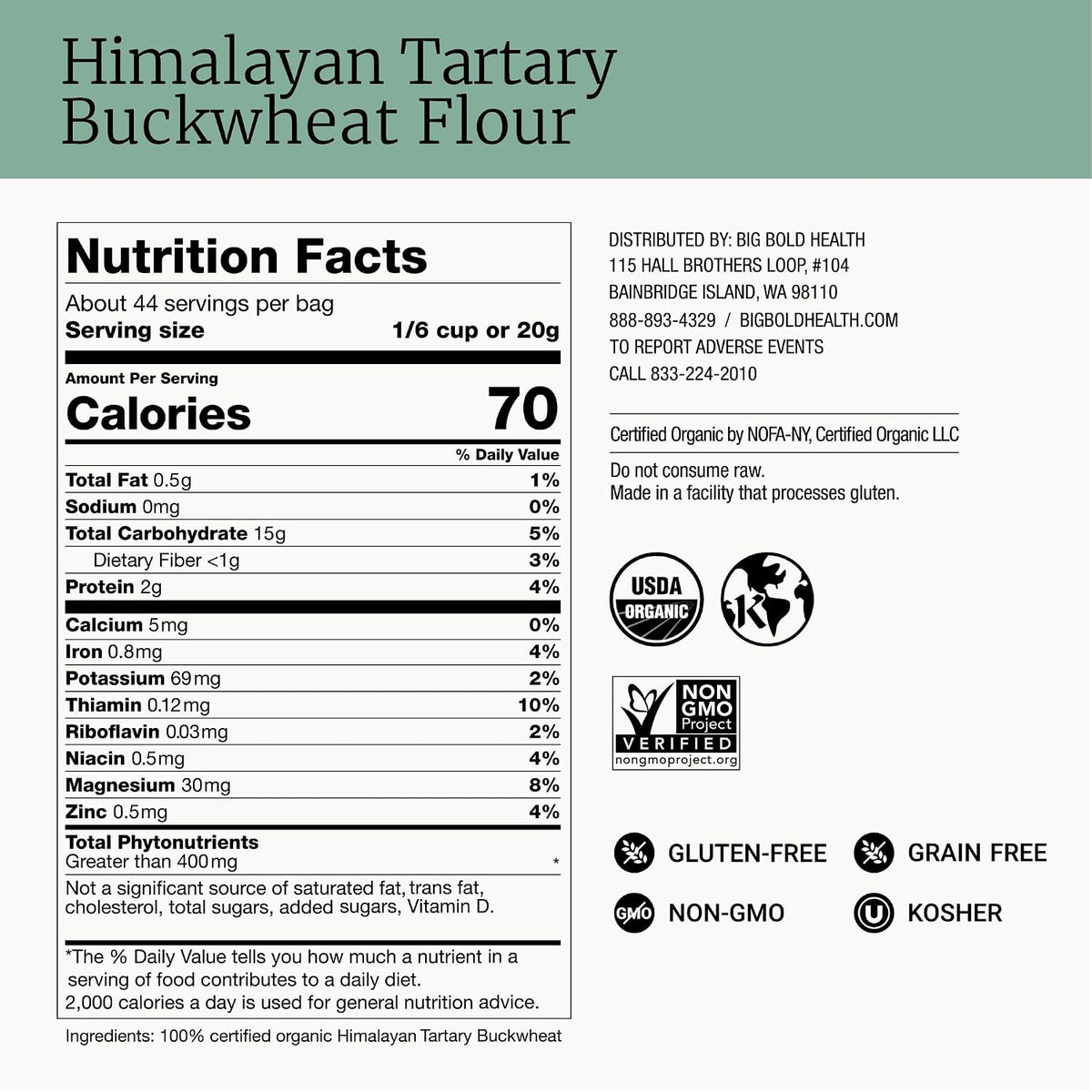 BIG BOLD HEALTH Organic Himalayan Tartary Buckwheat Flour - Gluten Free | Rich in Polyphenols &amp; Antioxidants | 100% USDA Organic Grain-Free Flour | Non-GMO | USA Grown (2lb)
