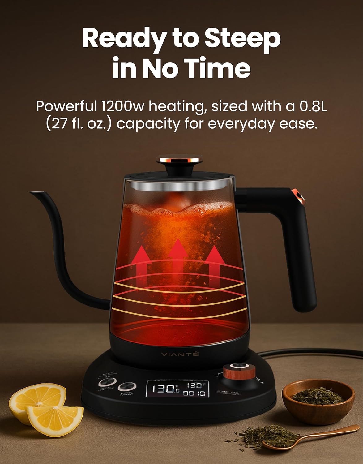 Viante Electric Gooseneck Kettle 0.8L, Pour Over Coffee &amp; Tea, Temp Control