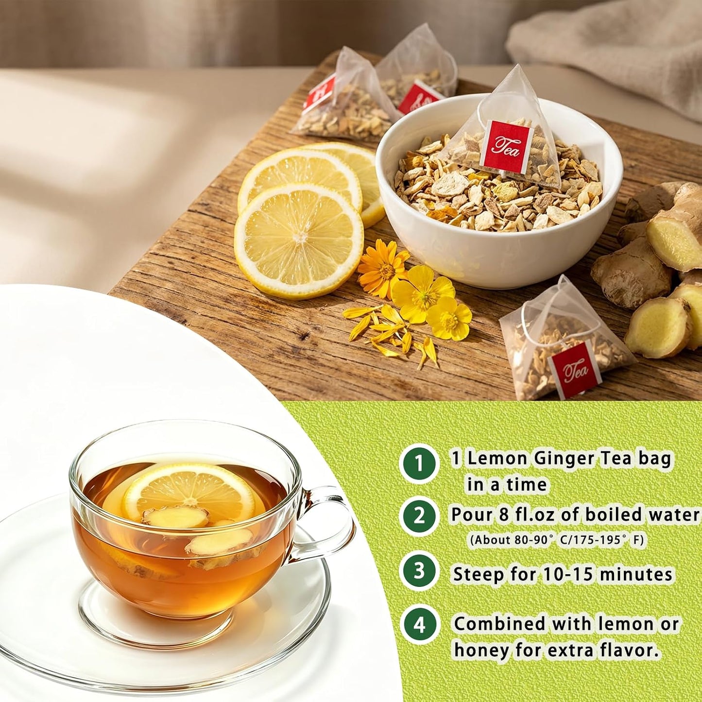 Samcci Lemon Ginger Tea Bags, 50 Counts, Non-GMO, Caffeine-Free | te de Jengibrey Limon, Pleasantly Spicy &amp; Warming, Support Digestion &amp; Boost Immunity, No Additives, Resealable Pouch