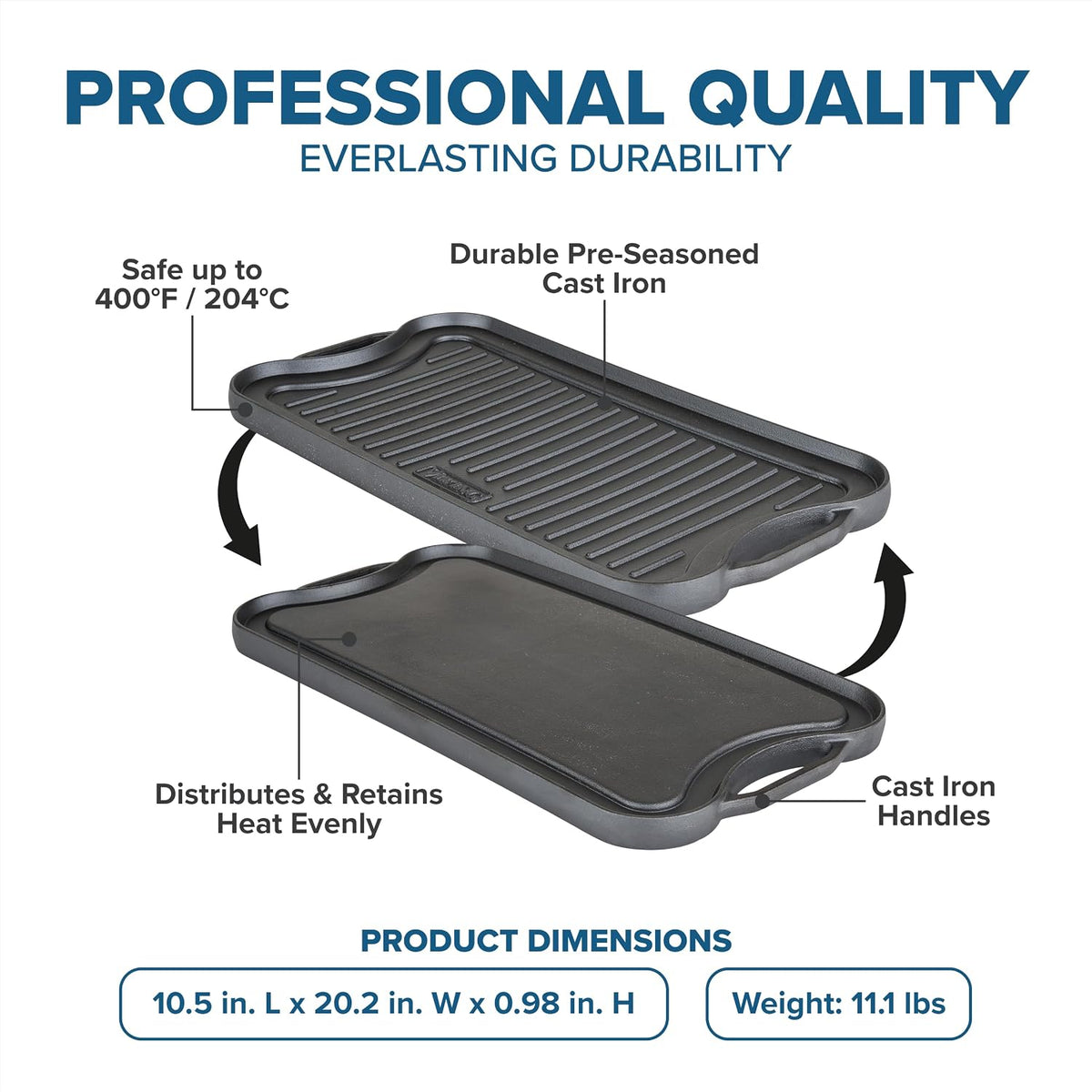 Viking Griddle, 20 Inch Reversible Cast Iron Grill Pan, Pre-Seasoned, Oven Safe, Hand Wash Only, Black