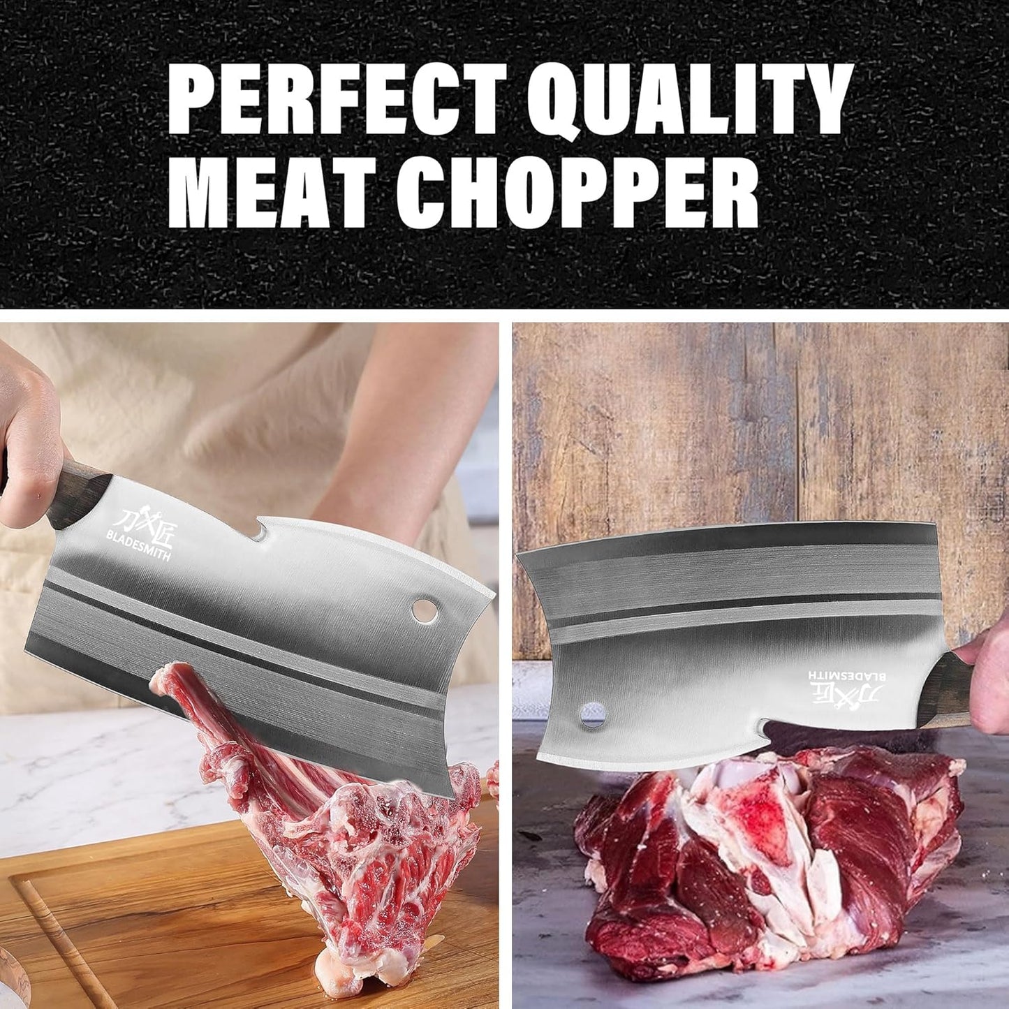 BLADESMITH Meat Cleaver, Multi-Purpose Dual Edges Butcher Knife, Heavy Duty Chopper Knife for Bone Cut with Ergonomic Wenge Handle
