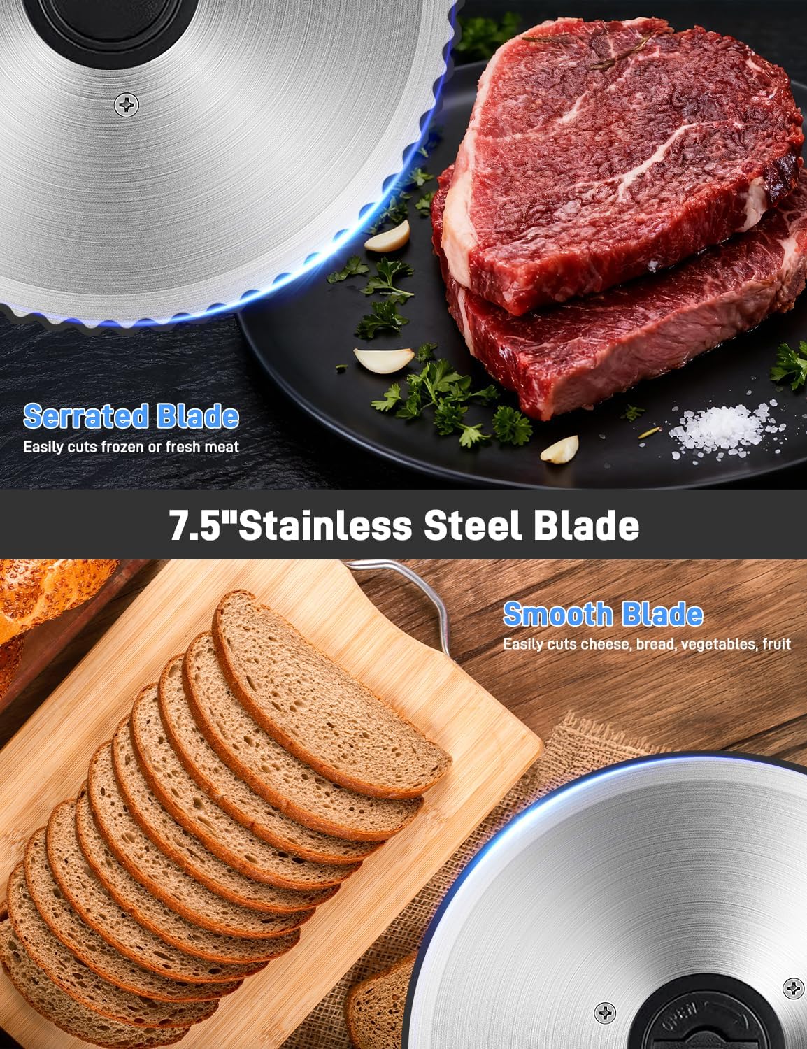 Meat Slicer Machine for Home, 200W Electric Food Slicer,Dual 7.5" Blades (Silver, 200W DC MOTOR)